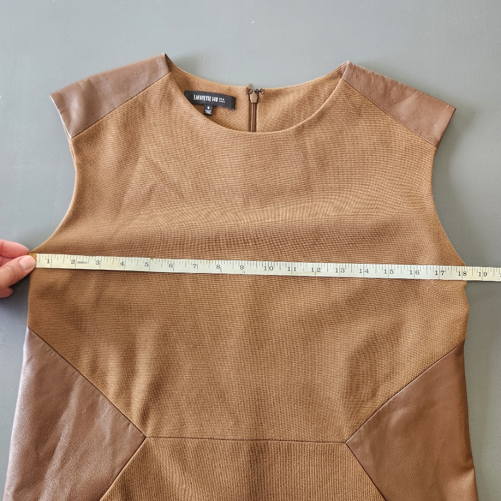 Lafayette 148 New York Sz 6 Dress Brown Genuine Leather Trim Pockets Sleeveless - Picture 7 of 12